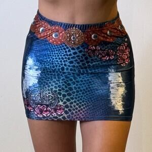 Blue Printed Mini Skirt with Swarovski Rhinestones